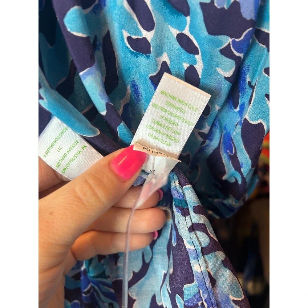 Lilly Pulitzer Blue‎ Floral Coral Print Rayon Button Down Shirt Dress XS Beach